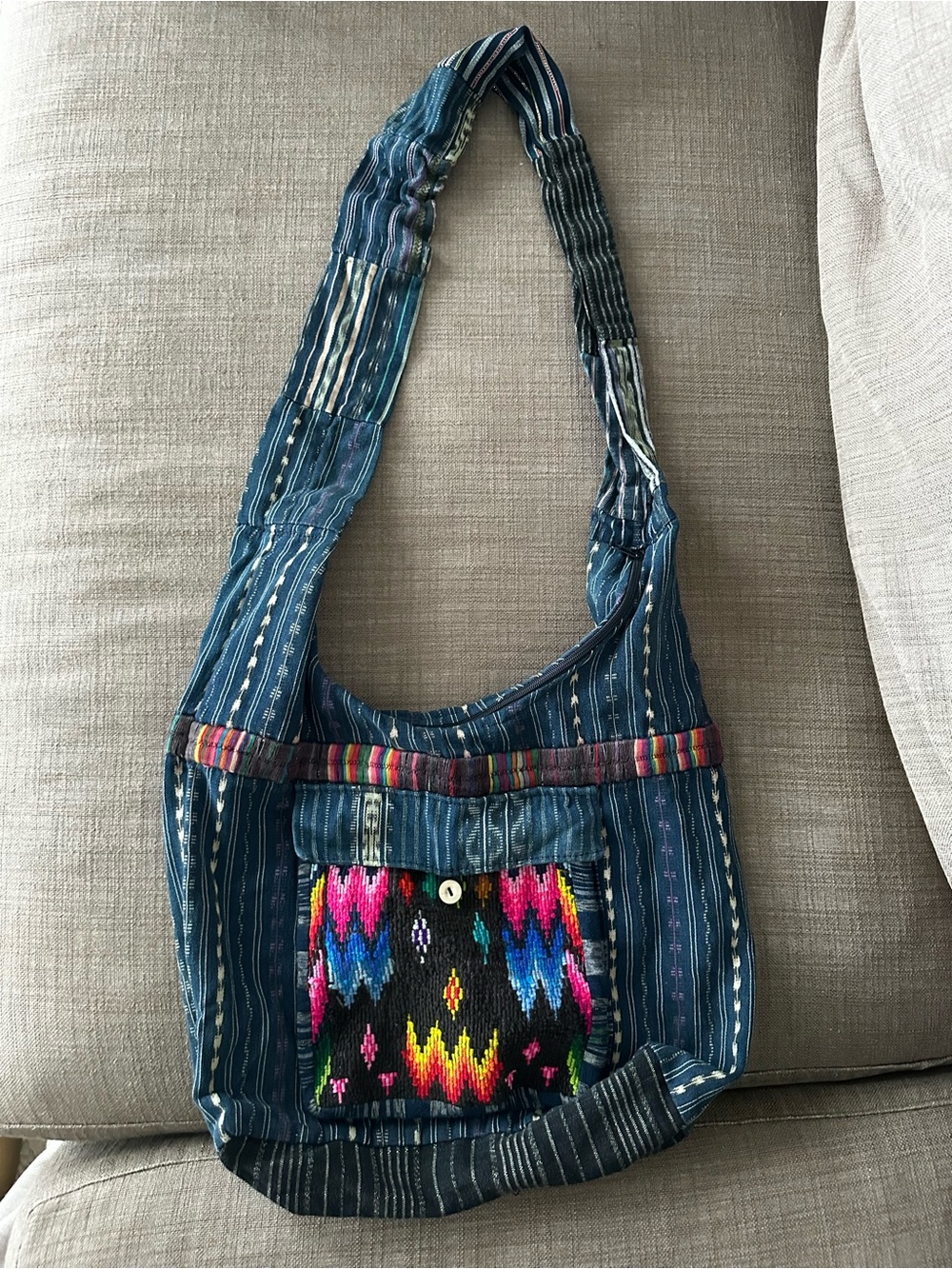 Boho Indigo Patchwork Shoulder Bag with Multicolor Front Pocket